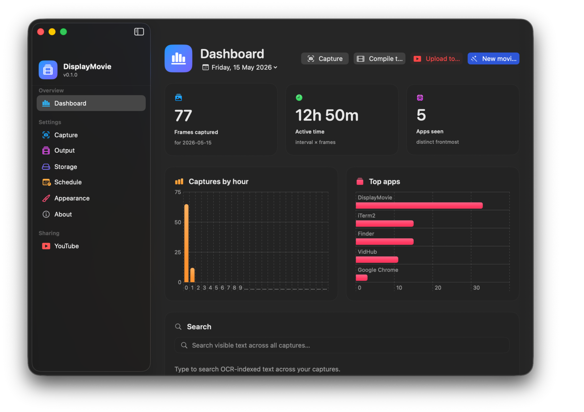 DisplayMovie Dashboard — sidebar with Overview / Settings / Sharing groups, three stat cards (Frames captured, Active time, Apps seen), captures-by-hour bar chart and top-apps list.