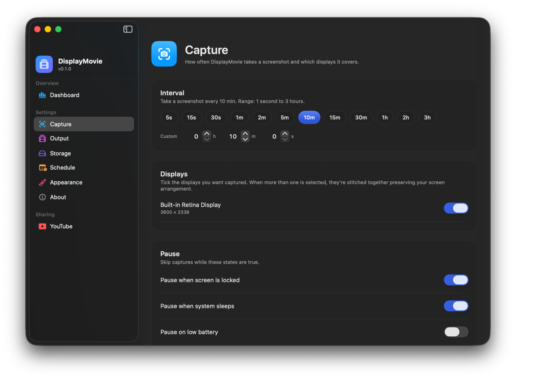 Capture settings: interval chips, h-m-s stepper, display picker, pause toggles.
