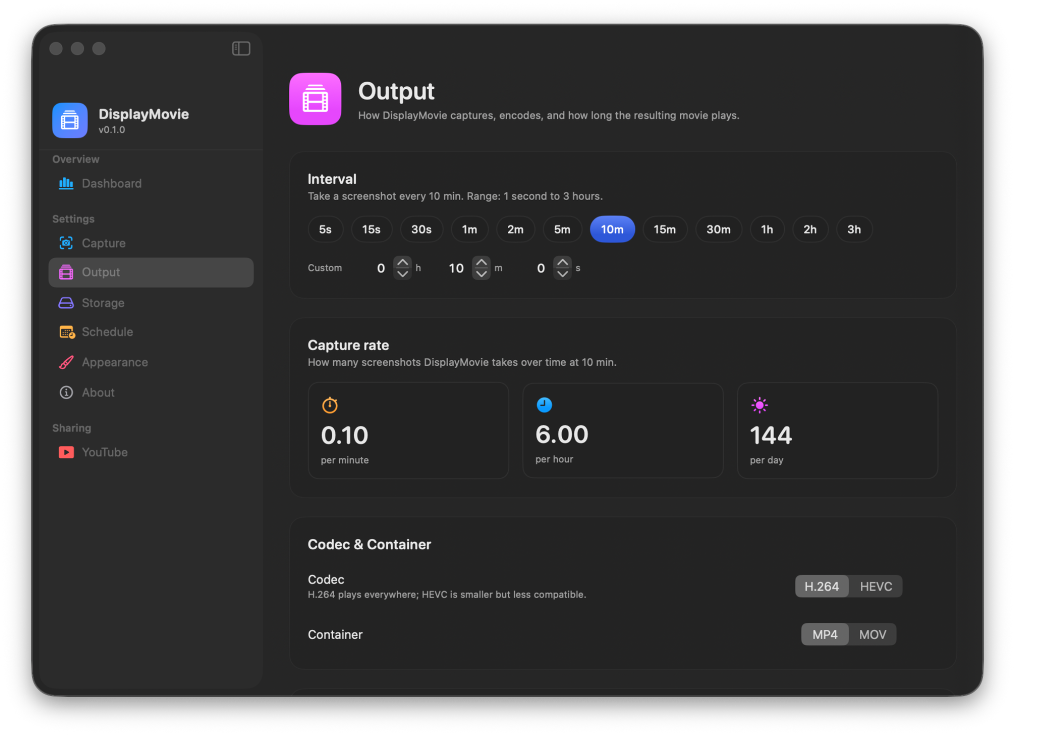 Output settings: capture rate tiles, codec and container segmented controls, FPS stepper.