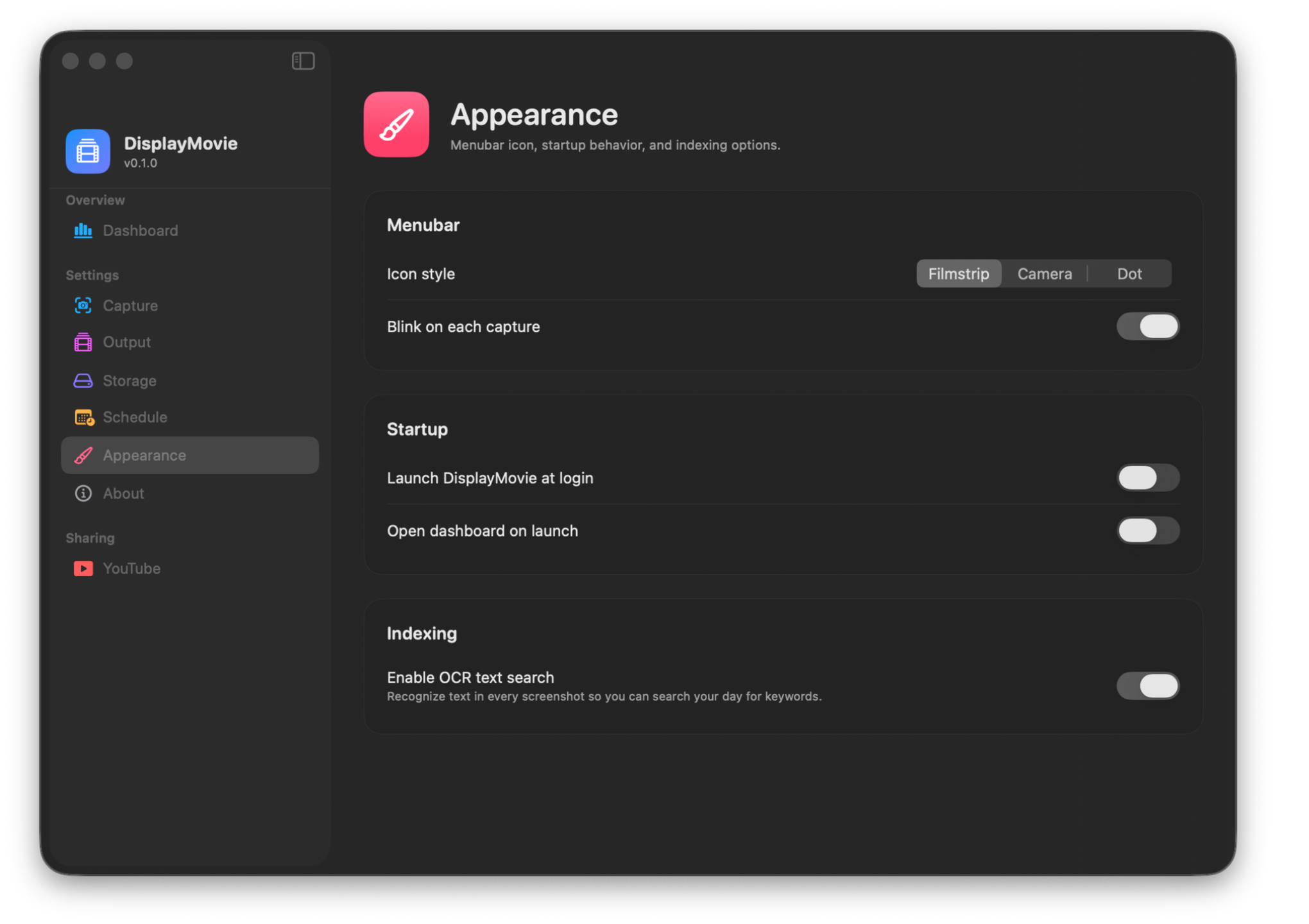 Appearance settings.